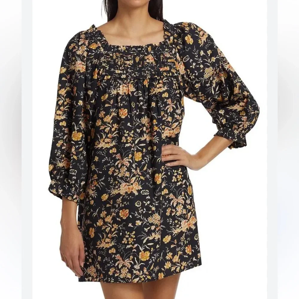DÔEN Acton Baby Doll Mini Dress Navy Oaks Bluffs Floral Smocked Square Neck L - Picture 1 of 12